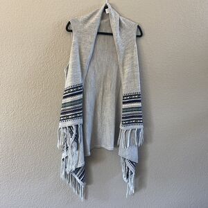 Design History Cardigan Vest Womens Large Gray Open Boho Fair isle Fringe Wool